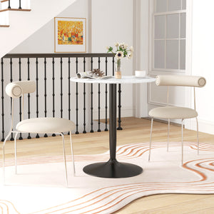 Table de cuisine moderne pour 2 personnes, ronde avec piètement en acier, marbre blanc