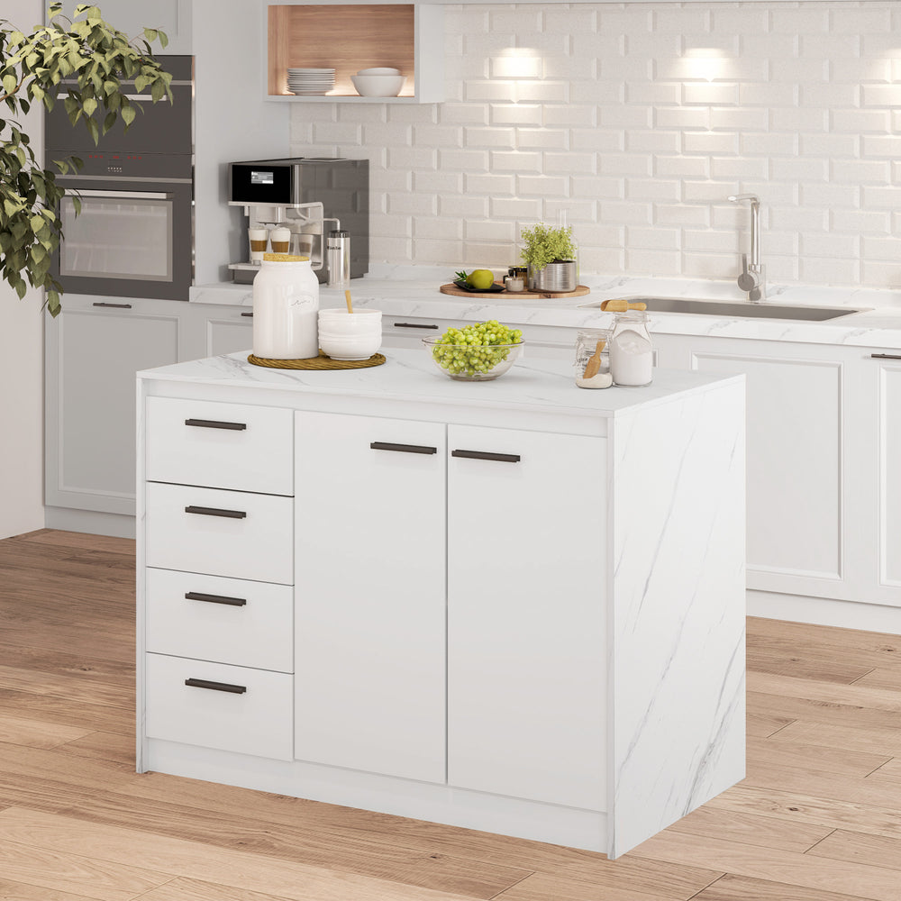 Îlot de cuisine avec meuble de rangement, 4 tiroirs et étagère réglable effet imitation marbre et blanc