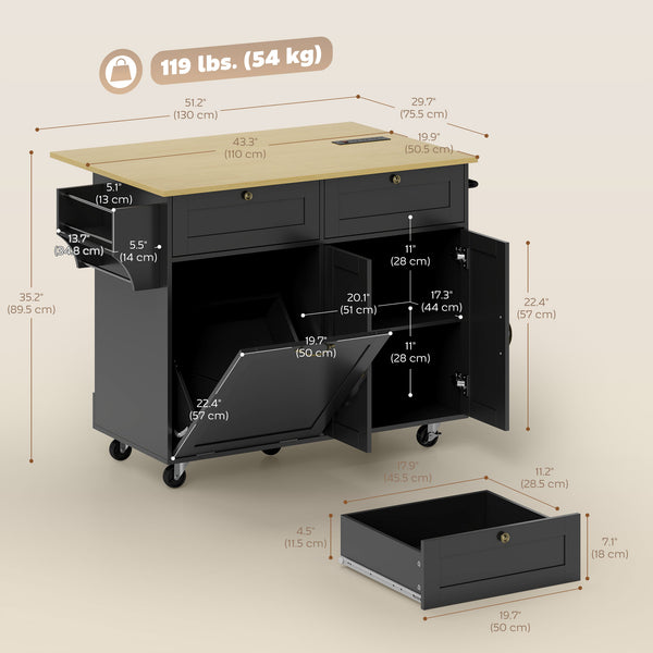 Kitchen trolley with charging station and wheeled lid with waste compartment, black