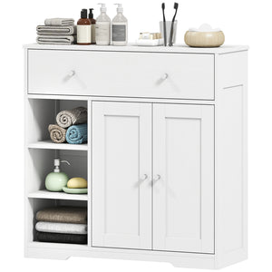 Bathroom Floor Cabinet, Freestanding Bathroom Cabinet with Drawer, Door, Open Shelves, White