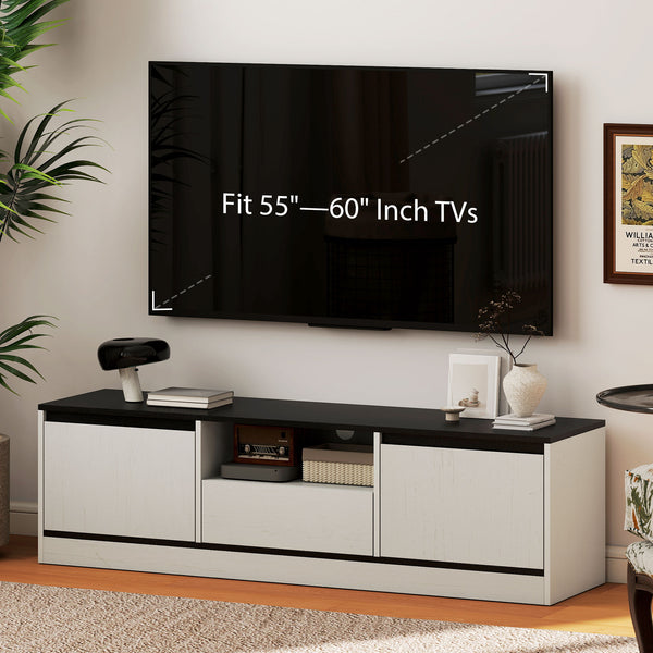 Meuble TV pour téléviseur de 55 à 60 pouces avec placards, étagère et tiroir, blanc