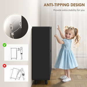 Narrow shoe cabinet for 16 pairs of shoes with 4 hinged drawers and adjustable shelves, black