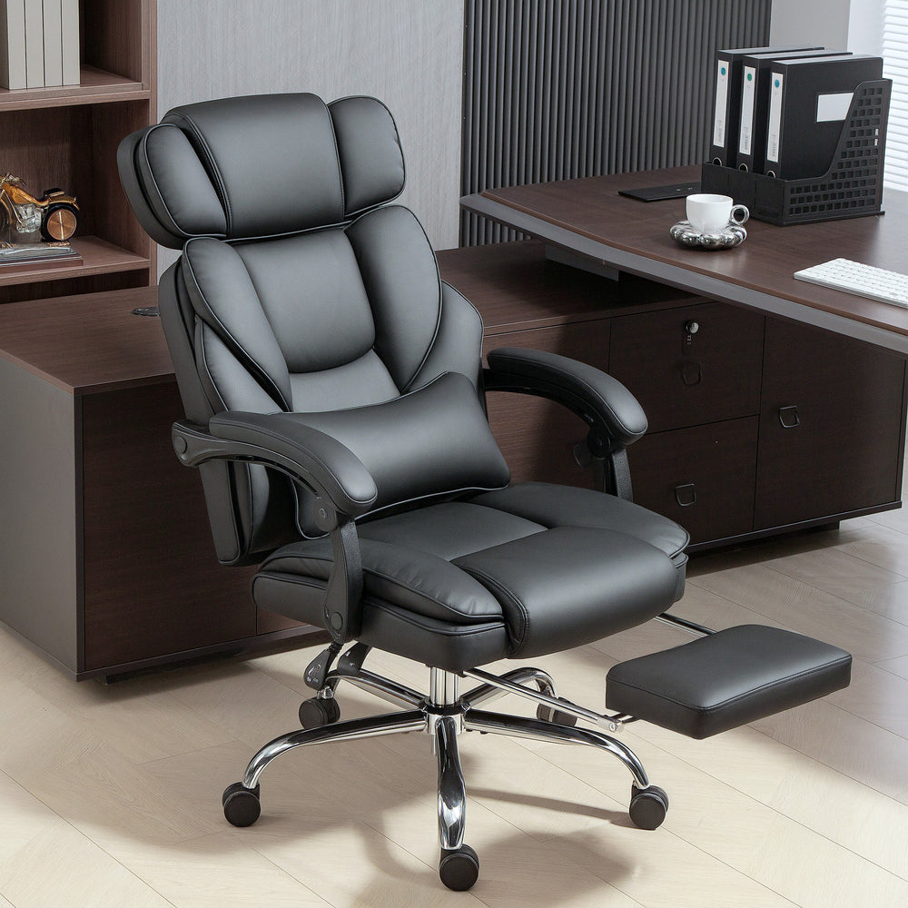 Chaise de bureau en similicuir, inclinable avec repose-pieds, appui-tête réglable, soutien lombaire, roulettes pivotantes, noir