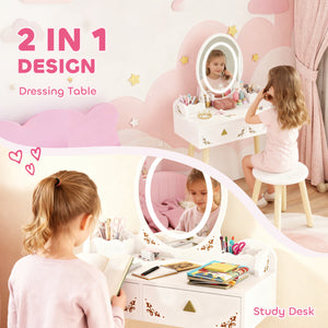 Coiffeuse pour enfants avec miroir, tabouret et lumières LED 3 couleurs, blanche