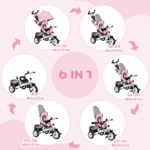 6 in 1 Toddler Tricycle for 1-5 Years Old with Parent Handle, Pink