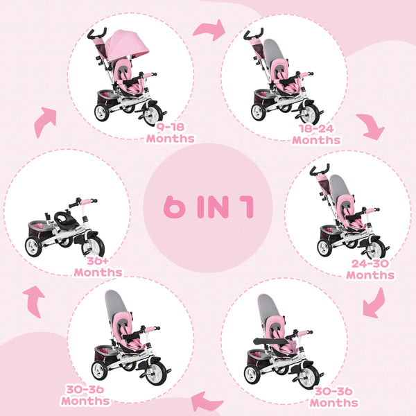 6 in 1 Toddler Tricycle for 1-5 Years Old with Parent Handle, Pink