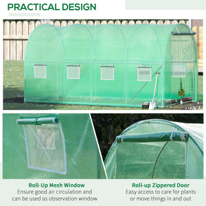 Tunnel greenhouse with zippered roll-up door and 8 screened windows, galvanized steel frame, green