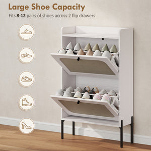 Meuble à chaussures avec 2 tiroirs rabattables étroit de style bohème, blanc