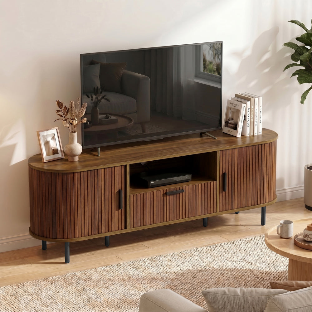 Meuble pour téléviseurs jusqu'à 60 pouces avec portes coulissantes incurvées et rangements, marron