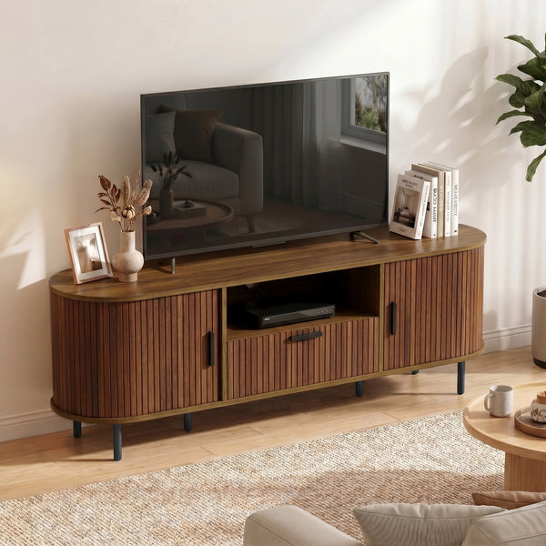 Meuble pour téléviseurs jusqu'à 60 pouces avec portes coulissantes incurvées et rangements, marron