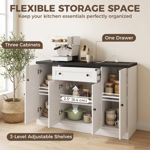 47" Farmhouse Sideboard Buffet Cabinet with Charging Station, Coffee Bar Cabinet with 3 Adjustable Shelves, White