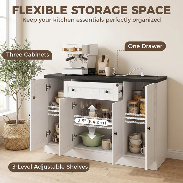 47" Farmhouse Sideboard Buffet Cabinet with Charging Station, Coffee Bar Cabinet with 3 Adjustable Shelves, White