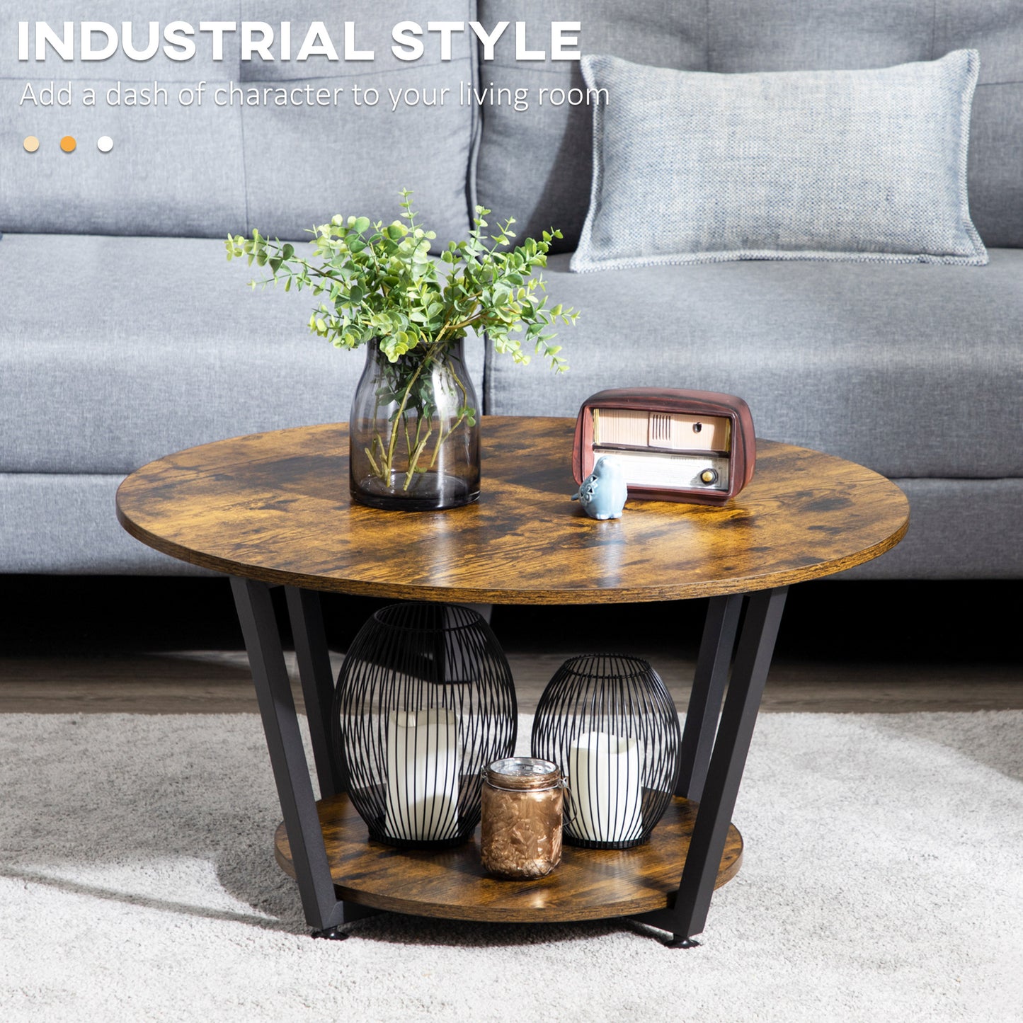 Table basse ronde à 2 niveaux avec étagère de rangement, marron rustique