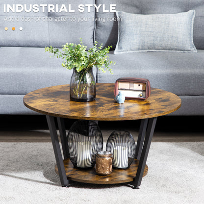 Table basse ronde à 2 niveaux avec étagère de rangement, marron rustique