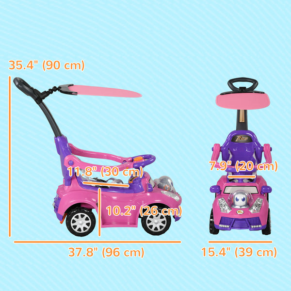 3-in-1 Slide Car for Kids with Music, Light, Handle and Removable Canopy, Pink