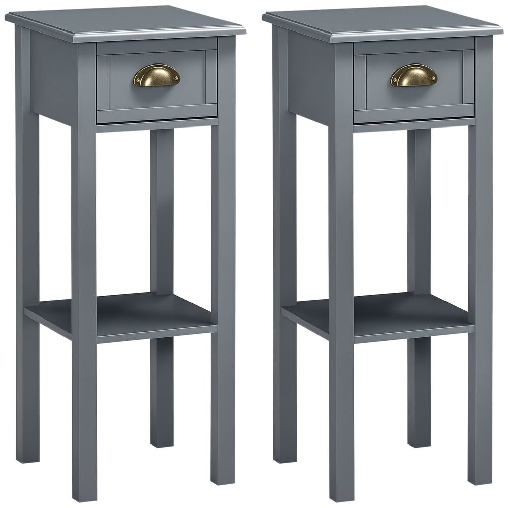 Lot de 2 tables de chevet étroites avec tiroir et étagère, gris