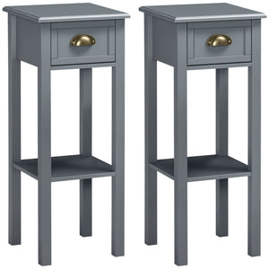 Lot de 2 tables de chevet étroites avec tiroir et étagère, gris