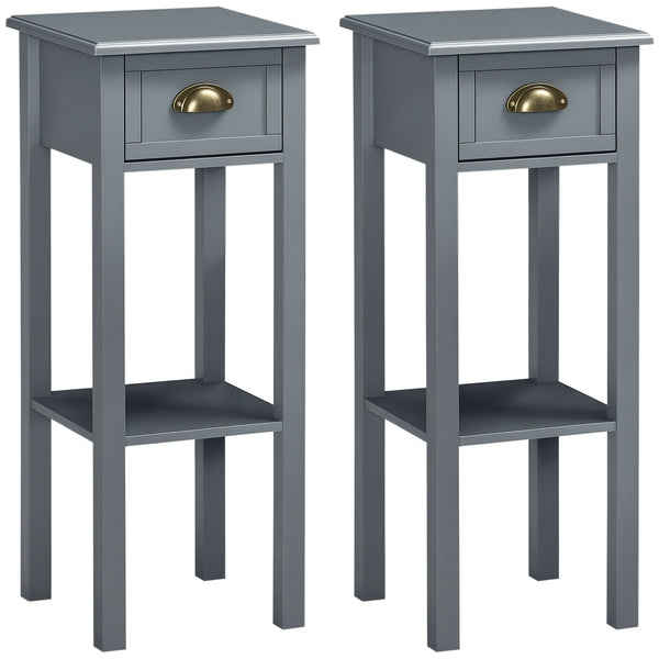 Lot de 2 tables de chevet étroites avec tiroir et étagère, gris