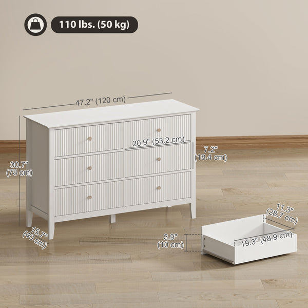 Modern 6-drawer chest, fluted design for bedroom, living room, hallway, Colour: white.