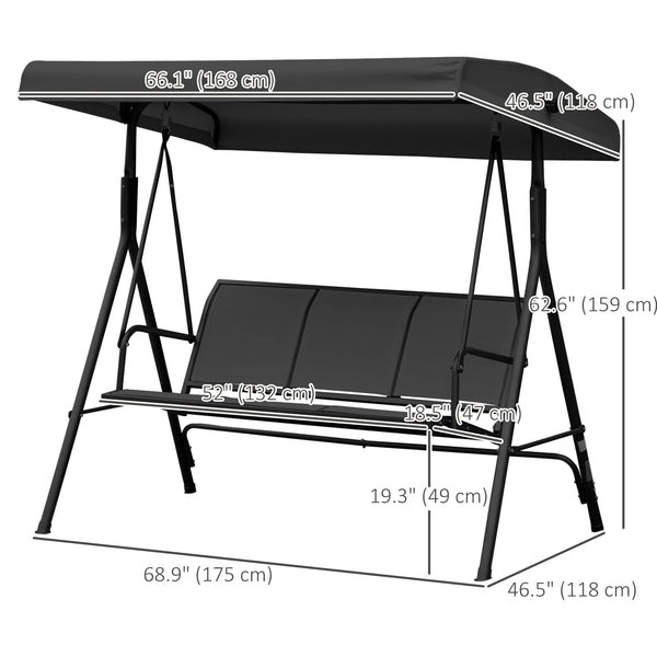 Balancelle 3 places avec auvent réglable, noir