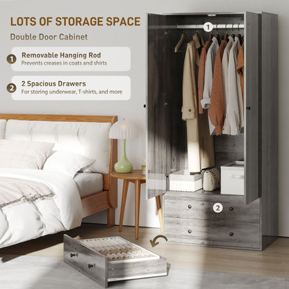 Armoire penderie moderne avec 2 tiroirs et tringle de suspension, gris