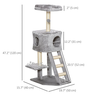 Arbre à chat de 119 cm de haut avec niche, échelle, griffoirs et boule suspendue, gris clair