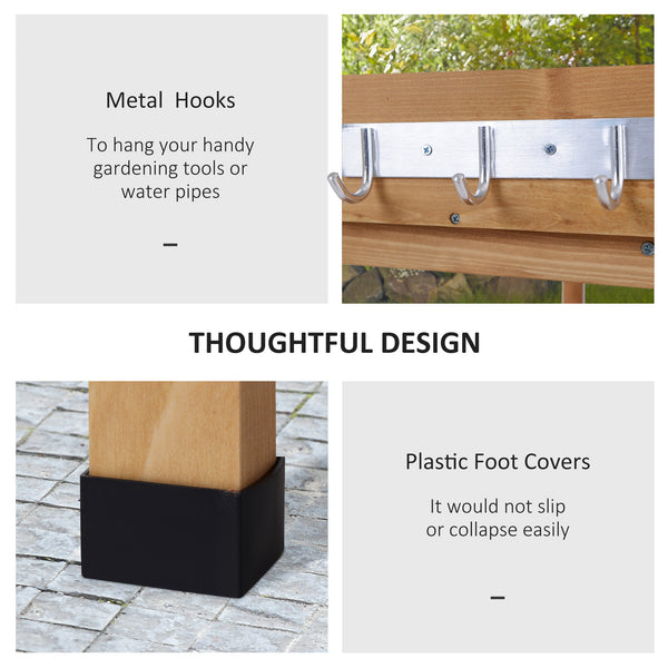 Wooden garden table with storage shelf for tools and hooks