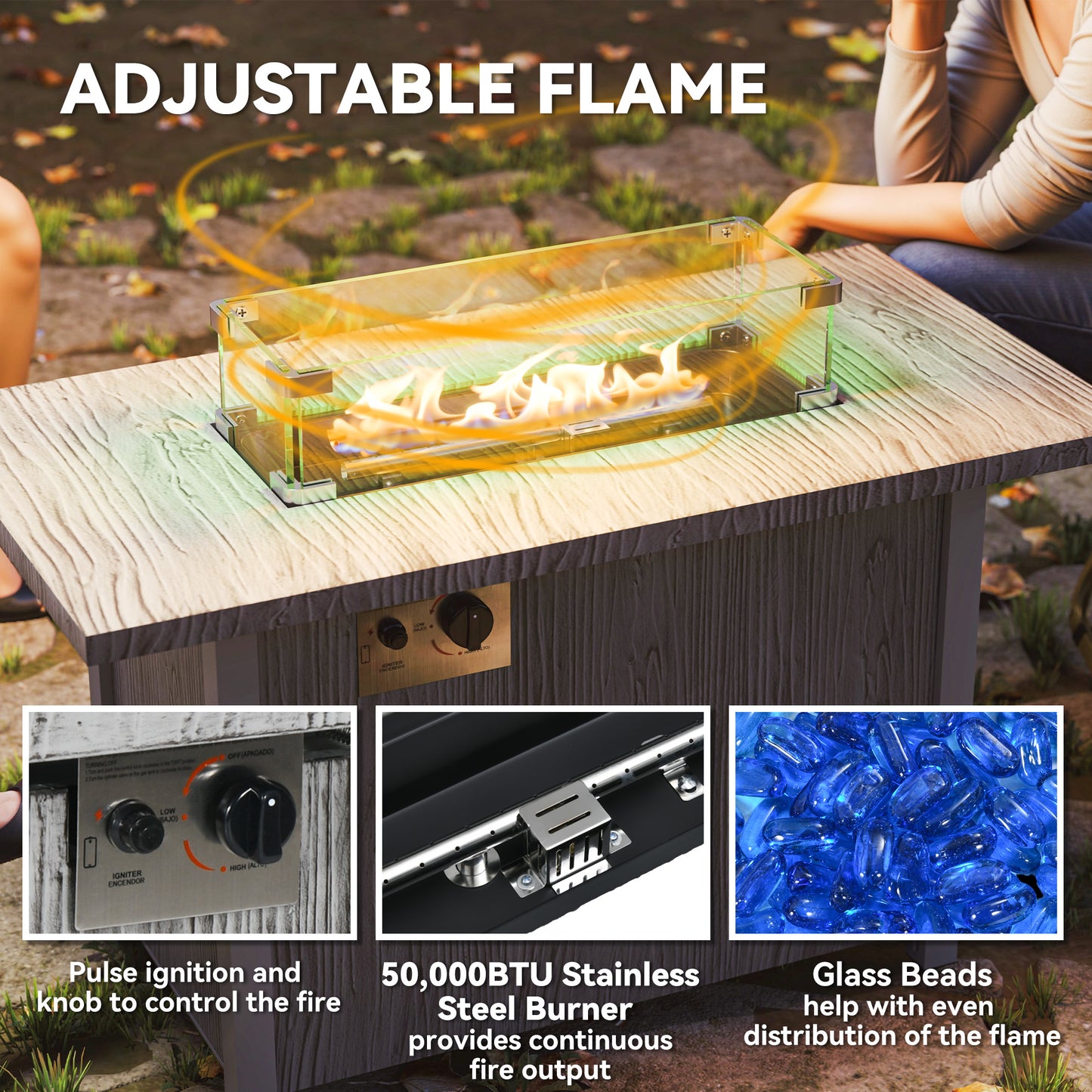Outsunny 50,000 BTU Gas Fire Pit Table with Lid and Glass Screen, Grey