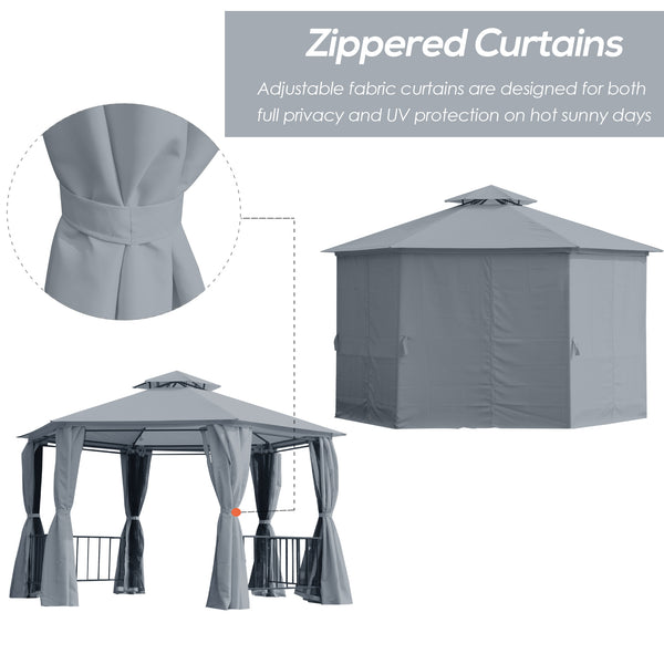 Outsunny 13ft Hexagon Gazebo Outdoor Canopy Shelter with Netting and Shaded Curtains Gray |