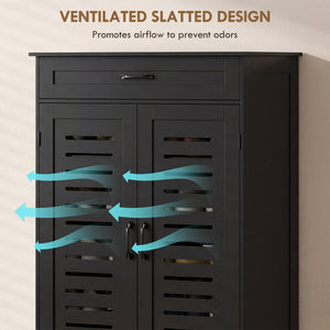 Shoe cabinet with louvered doors with drawer and adjustable shelves, black