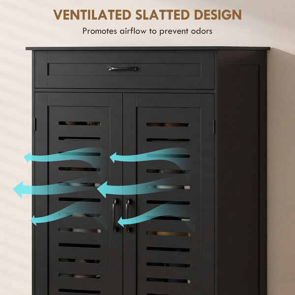 Shoe cabinet with louvered doors with drawer and adjustable shelves, black