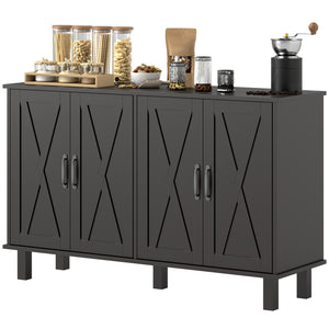 Buffet de cuisine avec 4 portes de grange et 2 étagères réglables, noir