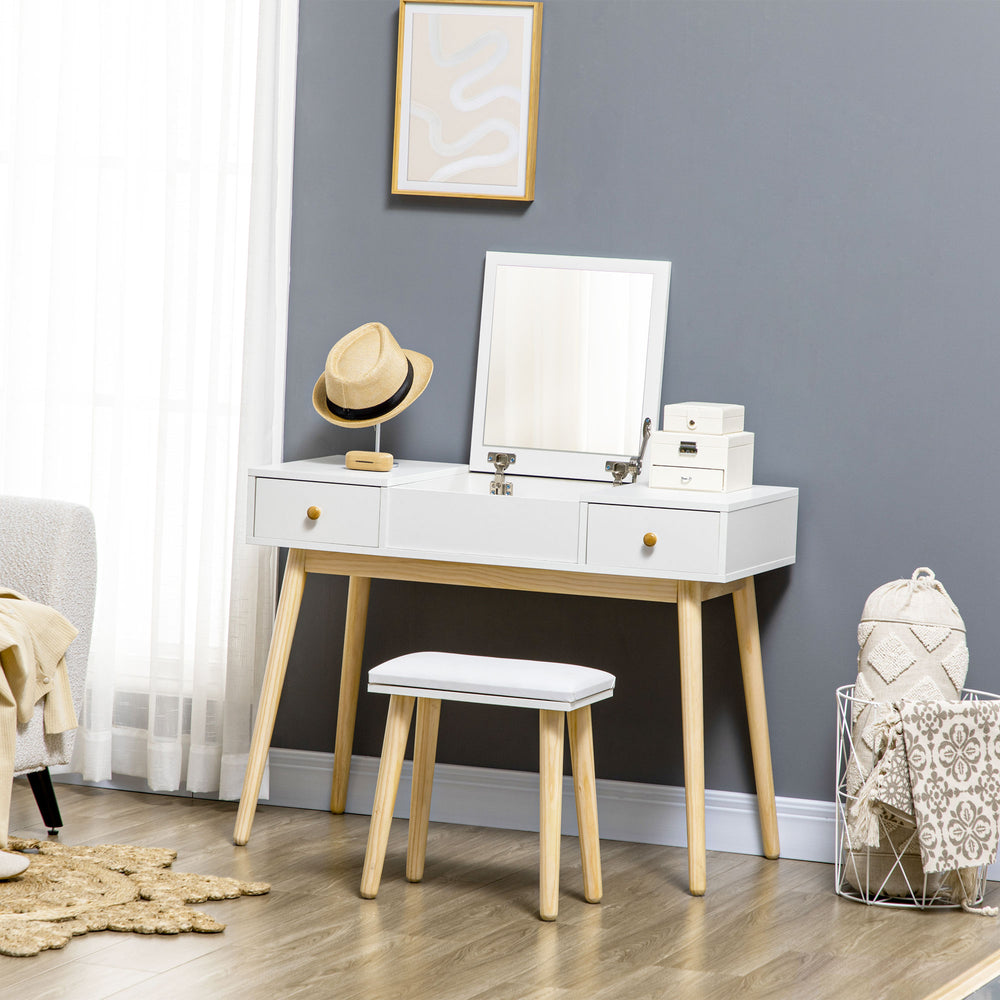Coiffeuse avec miroir rabattable et tabouret rembourré, blanc