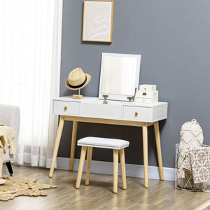 Coiffeuse avec miroir rabattable et tabouret rembourré, blanc