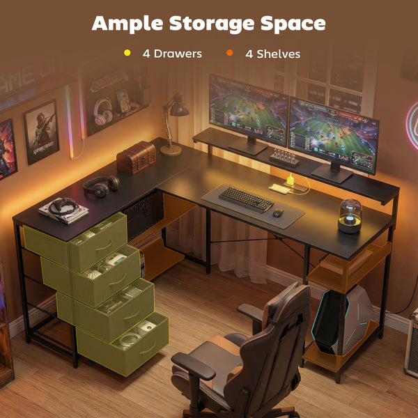 Gaming Desk with Power Outlets LED Lights Computer Desk with Drawers Monitor Stand 61" Black