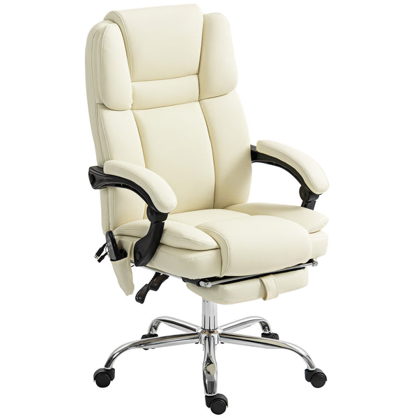 Fauteuil de bureau massant inclinable avec vibration à 6 points, repose-pieds et dossier haut, blanc