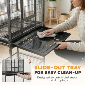 56"H Bird Cage, Parrot Cage with Detachable Rolling Stand, Removable Tray, Storage Shelf, Perches, Food Container