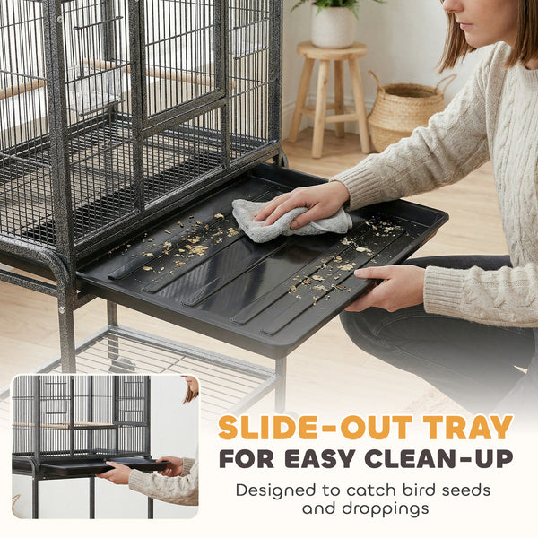 56"H Bird Cage, Parrot Cage with Detachable Rolling Stand, Removable Tray, Storage Shelf, Perches, Food Container