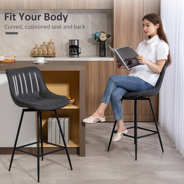 Set of 2 counter-height bar stools, upholstered in PU leather, with backrest, footrest and steel legs, black