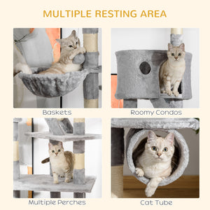 Arbre à chat géant de 240 à 250 cm, hauteur plafond, griffoir, centre d'activités, gris clair