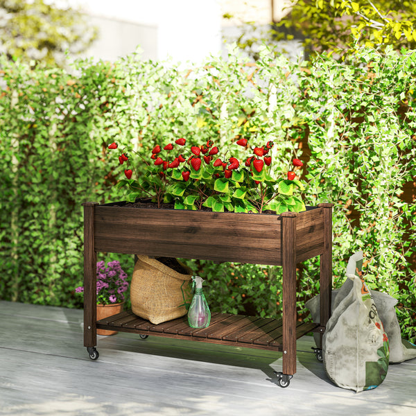 Jardinière surélevée mobile en bois avec roulettes verrouillables et étagère de rangement