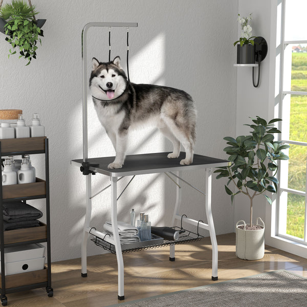 Dog Grooming Table with Adjustable Arm, Mesh Tray, and Two Leashes, Black