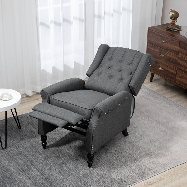 Recliner with ottoman, tufted and rolled arms, dark gray