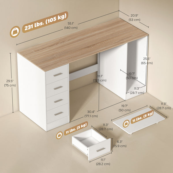 Desk with 4 reversible drawers and mobile PC stand, white