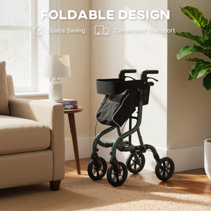 Déambulateur pliable avec siège pour seniors, léger et à roulettes, avec poignées réglables, vert
