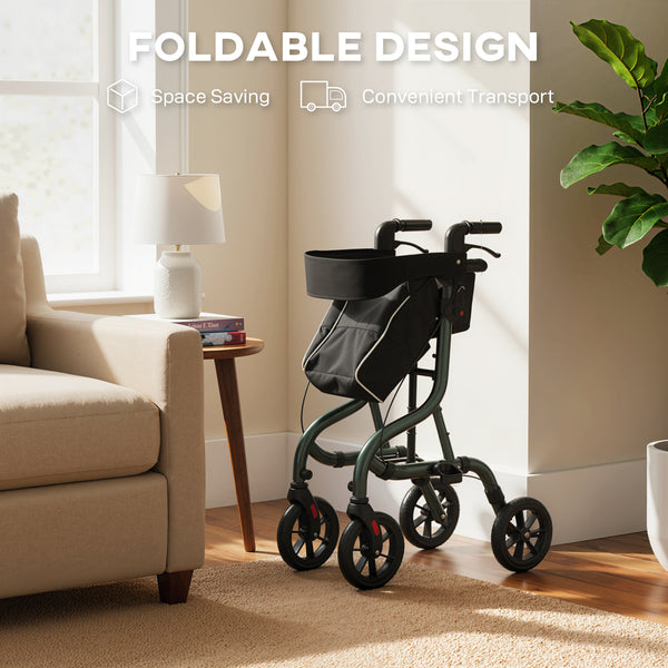 Déambulateur pliable avec siège pour seniors, léger et à roulettes, avec poignées réglables, vert