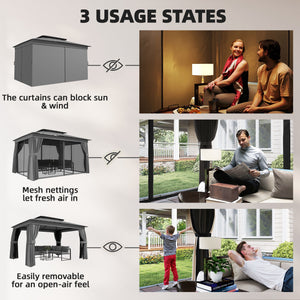 10' x 12.5' Outdoor Gazebo with Curtains and Netting, Double Roof Metal Patio Gazebo Canopy Shelter with Hook, Dark Grey