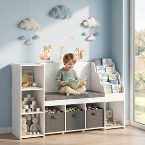 Étagère de rangement avec coin lecture avec coussin d'assise, 3 tiroirs en tissu, blanc