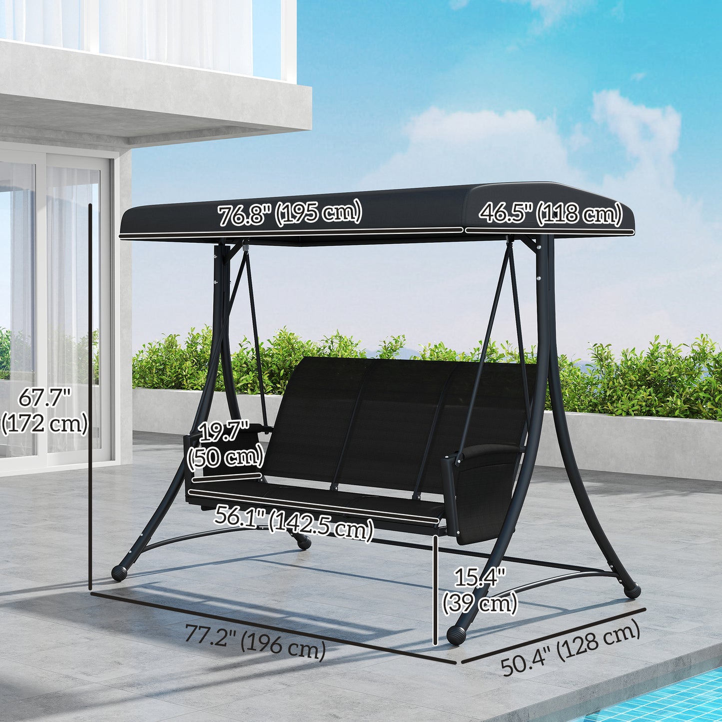 Outsunny 3 Person Outdoor Swing with Adjustable Canopy, Black