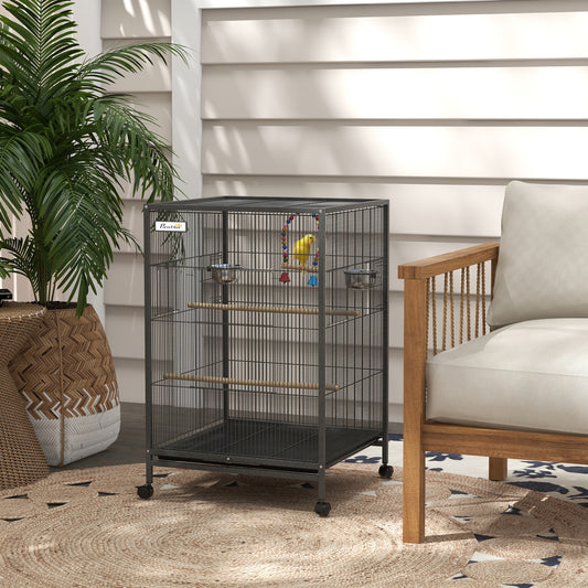 PawHut 29" Large Bird Cage with Rolling Stand Colorful Swing Tray for Parrots Love Birds Finches Gray |